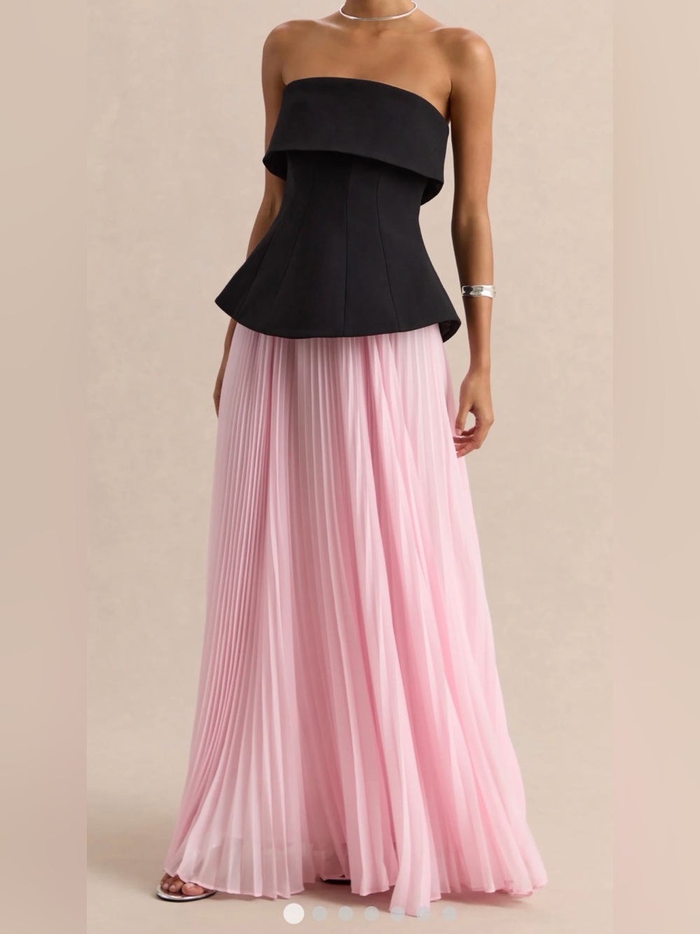 Club L London Stellara Gown - Black Bandeau Top with Pink Pleated Maxi Skirt
